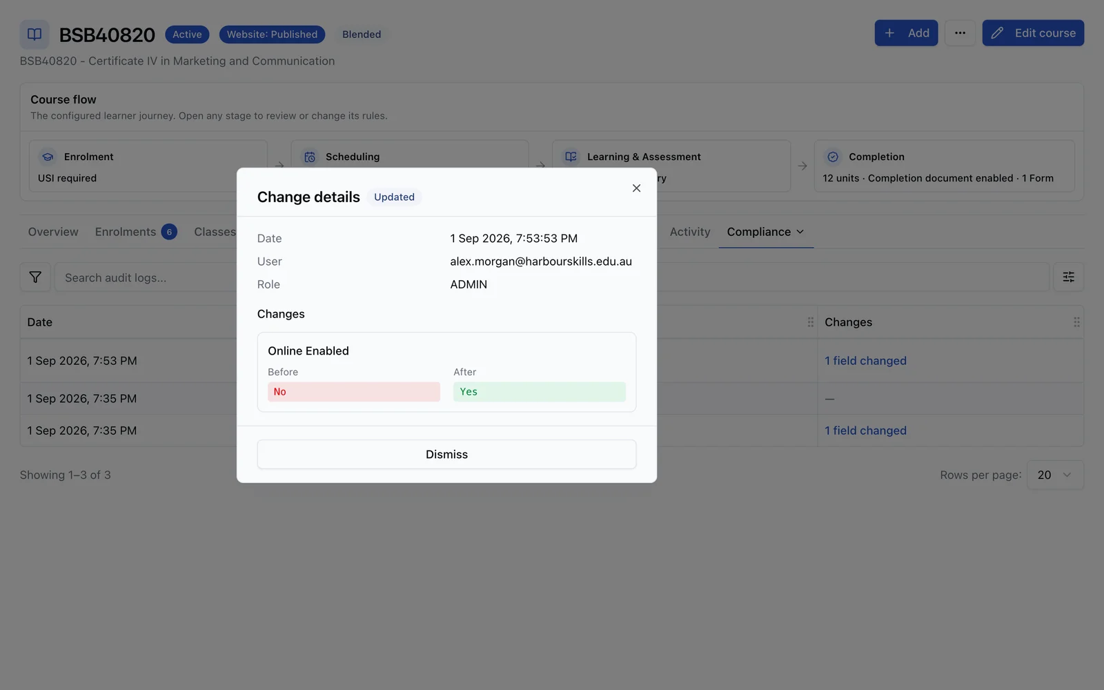 A record-scoped RTObase audit trail showing changes, actors and timestamps