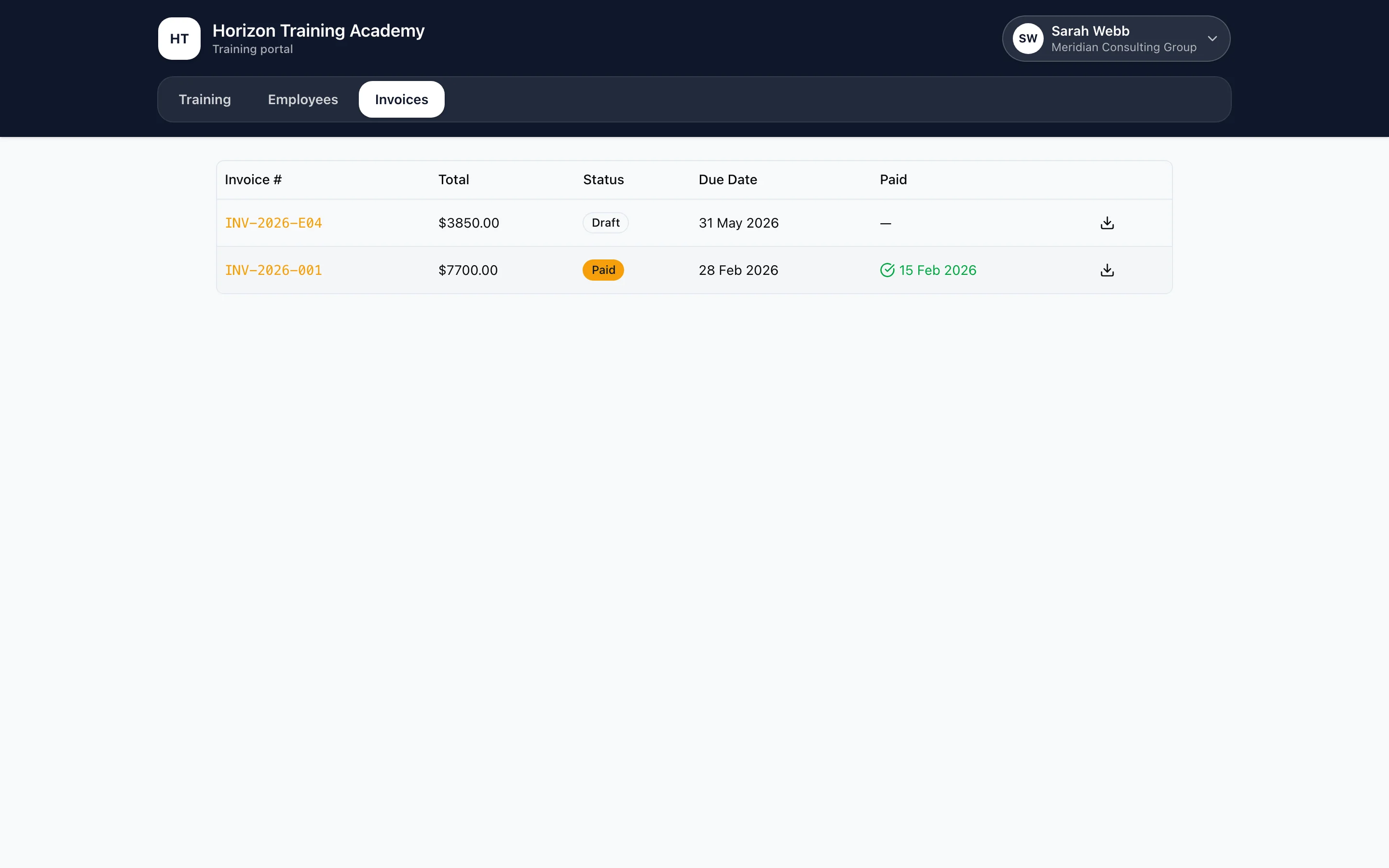 RTObase employer invoice view with training line items and payment status