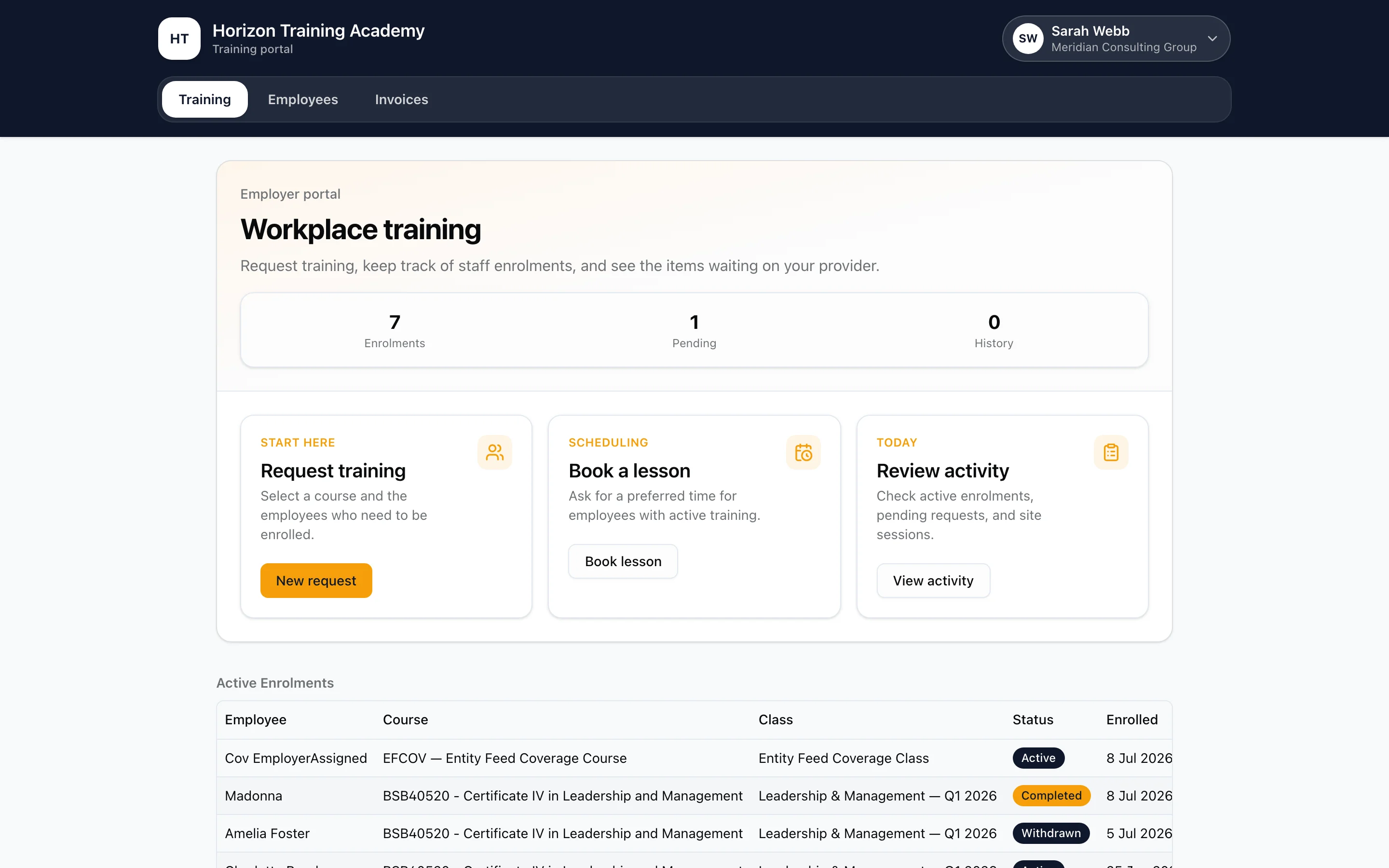 The RTObase employer training portal showing enrolments and training requests