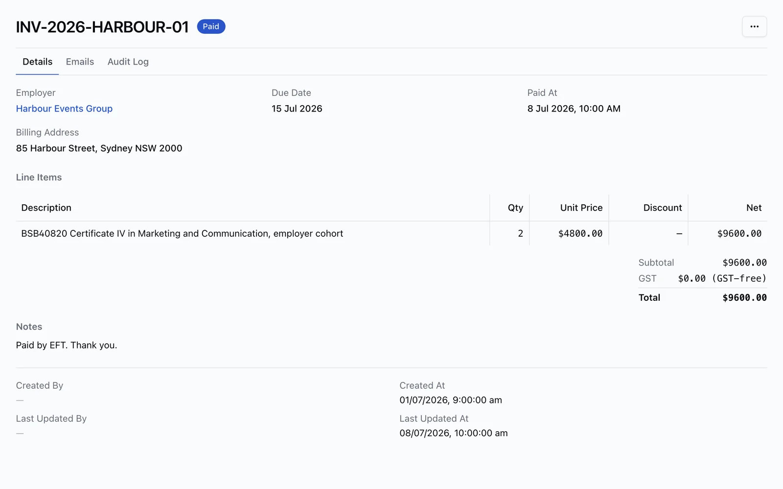 An RTObase employer invoice with course line items, totals and a paid status