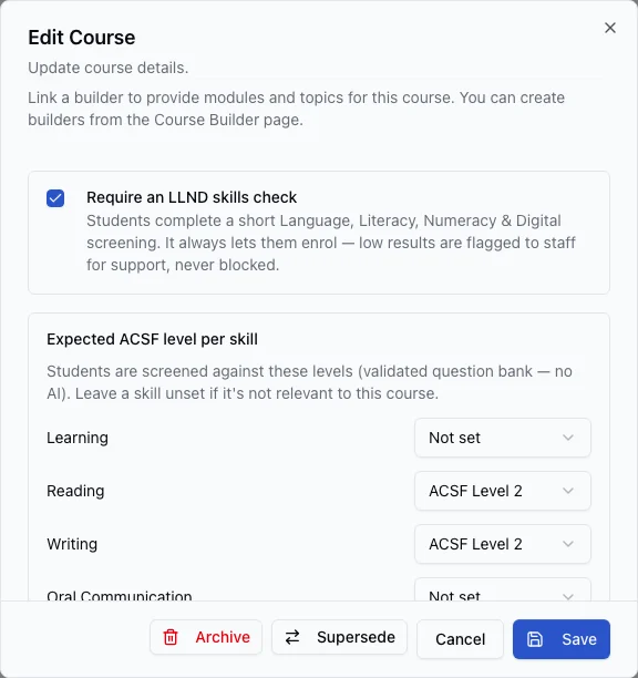 Course editor showing the Require an LLND skills check toggle and expected ACSF level per skill