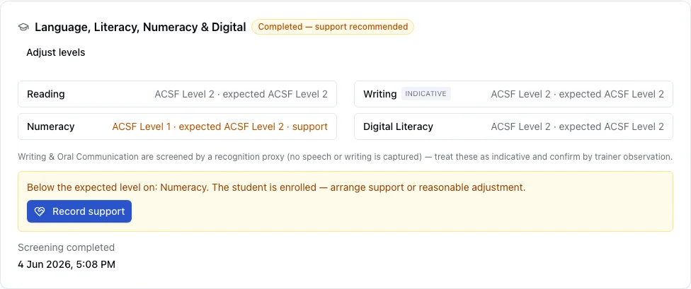 Enrolment LLND card showing per-skill confidence against expected ACSF levels with a support concern on Numeracy