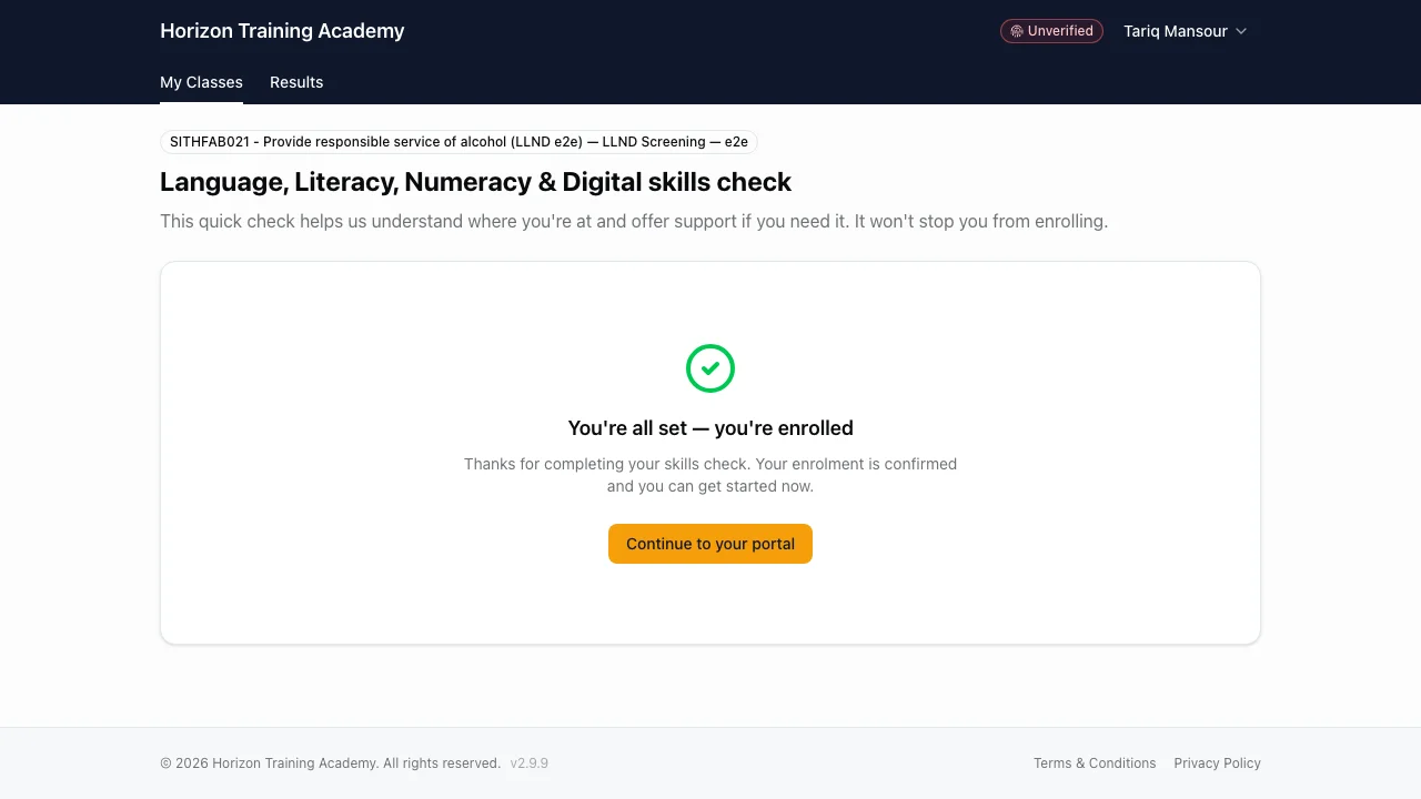 Student portal confirming the LLND skills check is complete and the student is enrolled