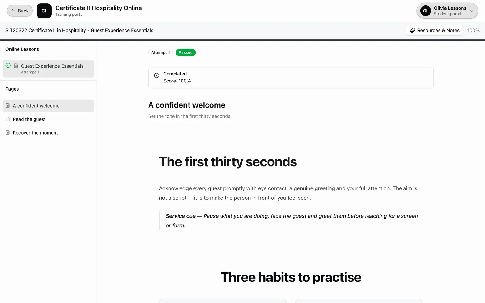 The RTObase online lesson player with module navigation and rendered learning content