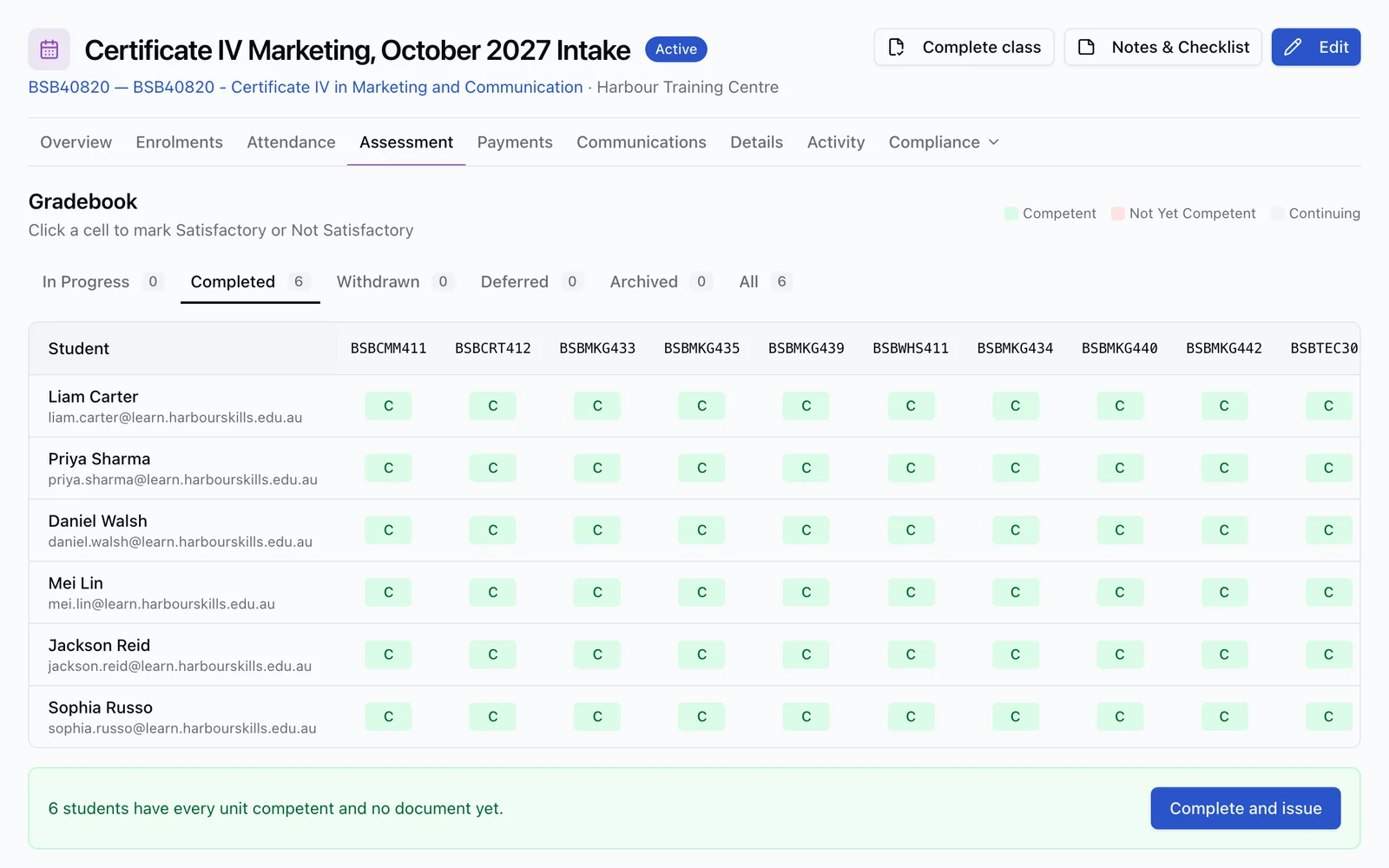 An RTObase cohort gradebook showing learners, progress and competency outcomes