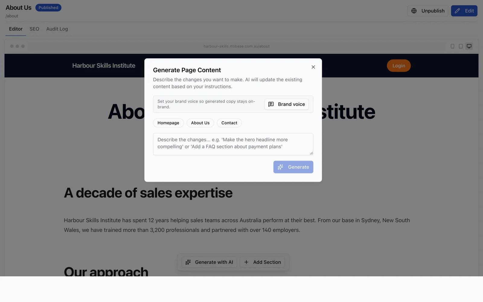 The RTObase AI page prompt open beside a published RTO content page